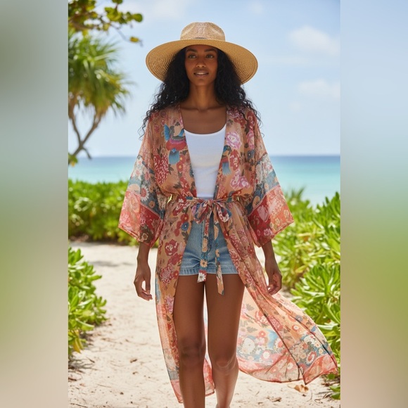 Jackets & Blazers - Boho Floral Kimono Duster Belted Beach Cover Up Peony Bird Print
